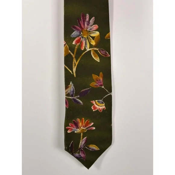 Bill Blass Tie Mens One Size Olive Green Floral Designer 100% Silk Necktie - Picture 2 of 7